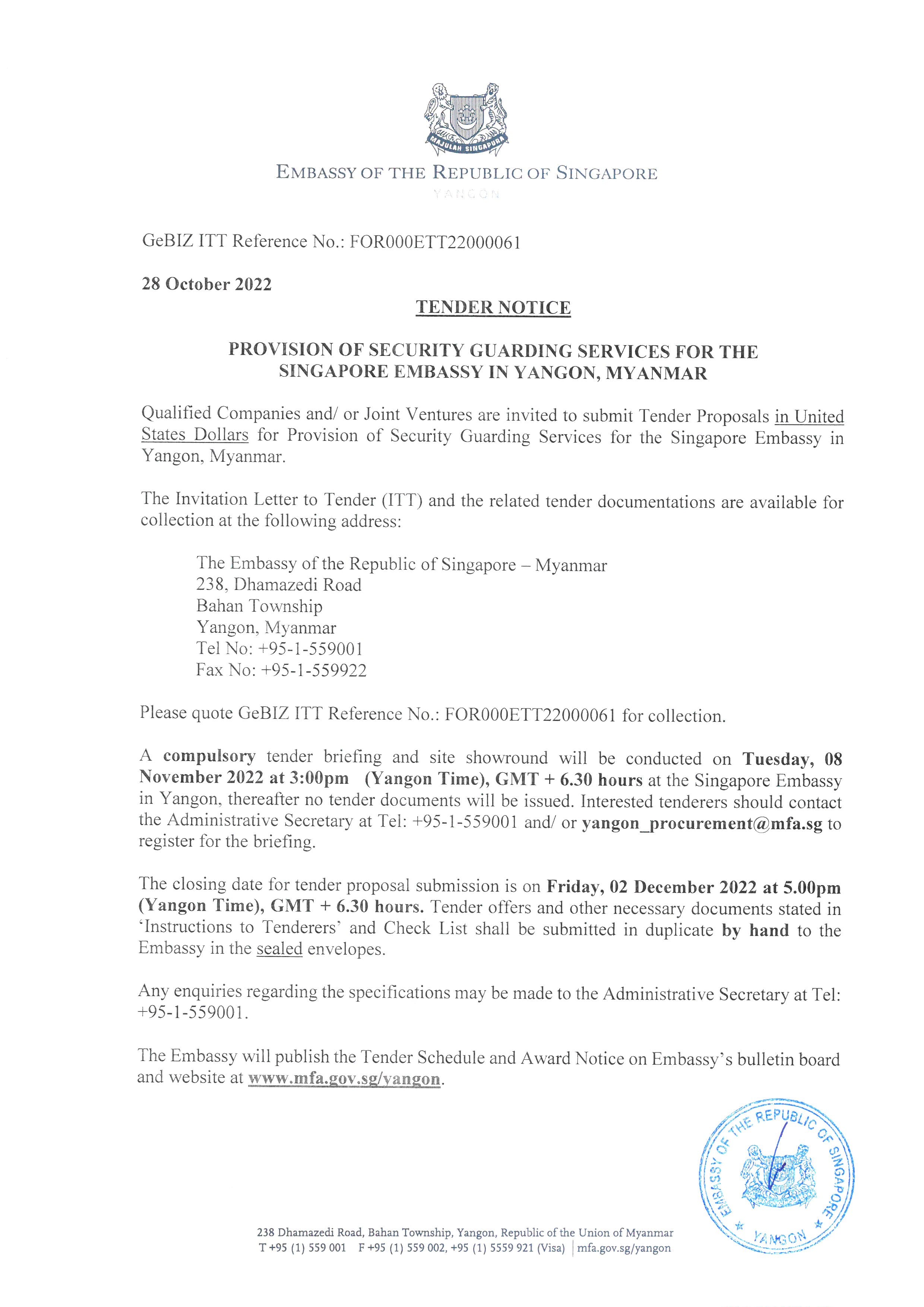 Singapore Embassy in Yangon's "Tender Notice" for security services, dated October 28, 2022.